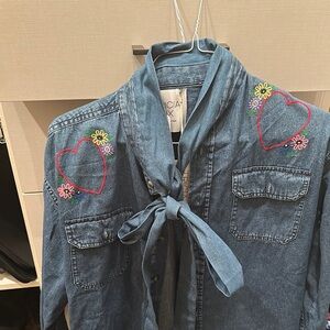 Free People Blue Embroidered Jean Jacket with Adjustable Waist